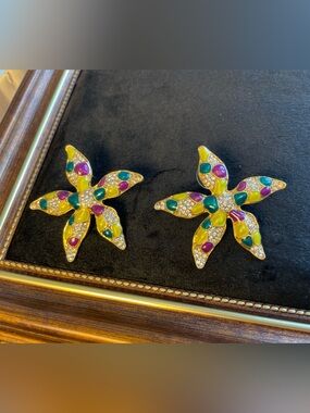 Gold-Tone Multicolor Enamel Flower Earrings with Crystal Accents